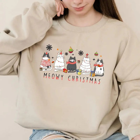Meowy Christmas Vibes Unisex T-Shirt - Medium-Heavy Fabric, Loose Fit - Pullover