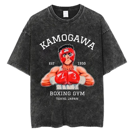 [ Mineral Wash ] Kamogawa Boxing Gym Vintage Tee Anime Fan Lovers Streetwear & Washed Gym Style Shirt