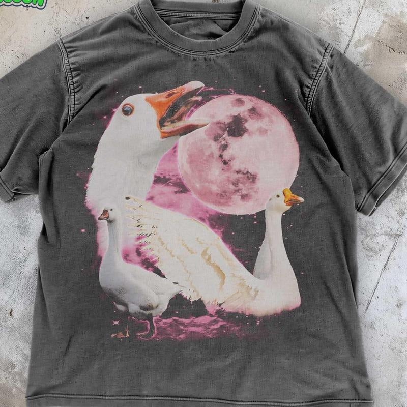 [ Mineral Wash ] Mystical Goose Moon TShirt , Vintage Goose In Space Shirt , Celestial Night Sky Animal Shirt , Unhinged Meme Tee , Weird Animal Washed Gift