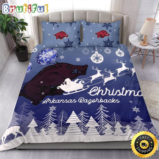 NCAA Arkansas Razorbacks Bedding Sets Santa Claus Sleigh And Reindeer Christmas Bedding Sets Quilt Bedding Sets
