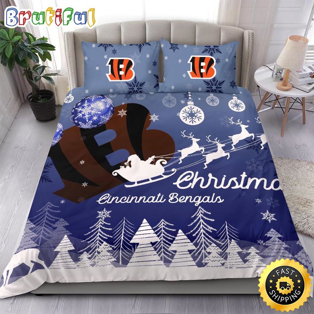 NFL Cincinnati Bengals Bedding Sets Santa Claus Sleigh And Reindeer Christmas Bedding Sets Quilt Bedding Sets