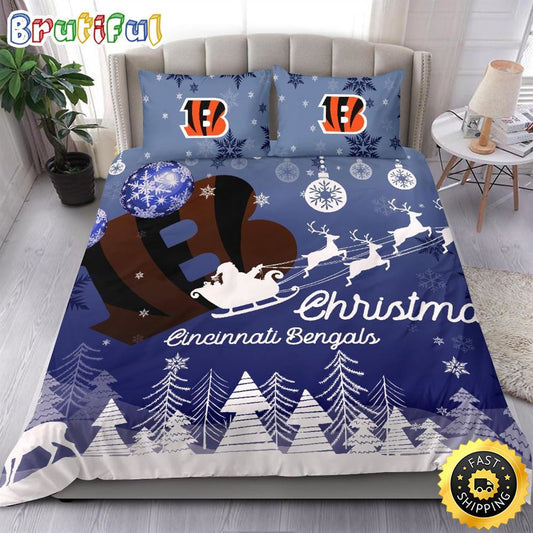 NFL Cincinnati Bengals Bedding Sets Santa Claus Sleigh And Reindeer Christmas Bedding Sets Quilt Bedding Sets