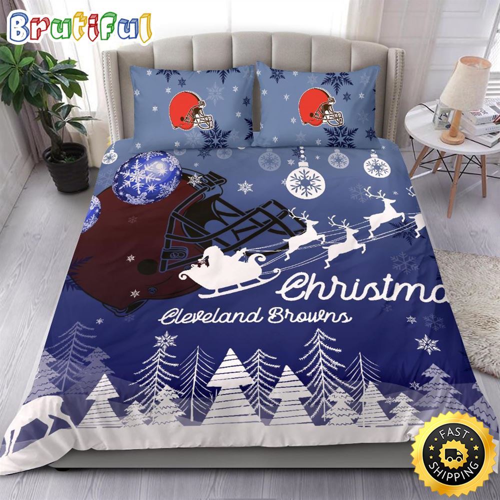 NFL Cleveland Browns Bedding Sets Santa Claus Sleigh And Reindeer Christmas Bedding Sets Quilt Bedding Sets