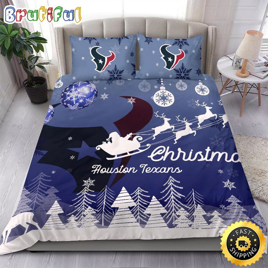 NFL Houston Texans Bedding Sets Santa Claus Sleigh And Reindeer Christmas Bedding Sets Quilt Bedding Sets