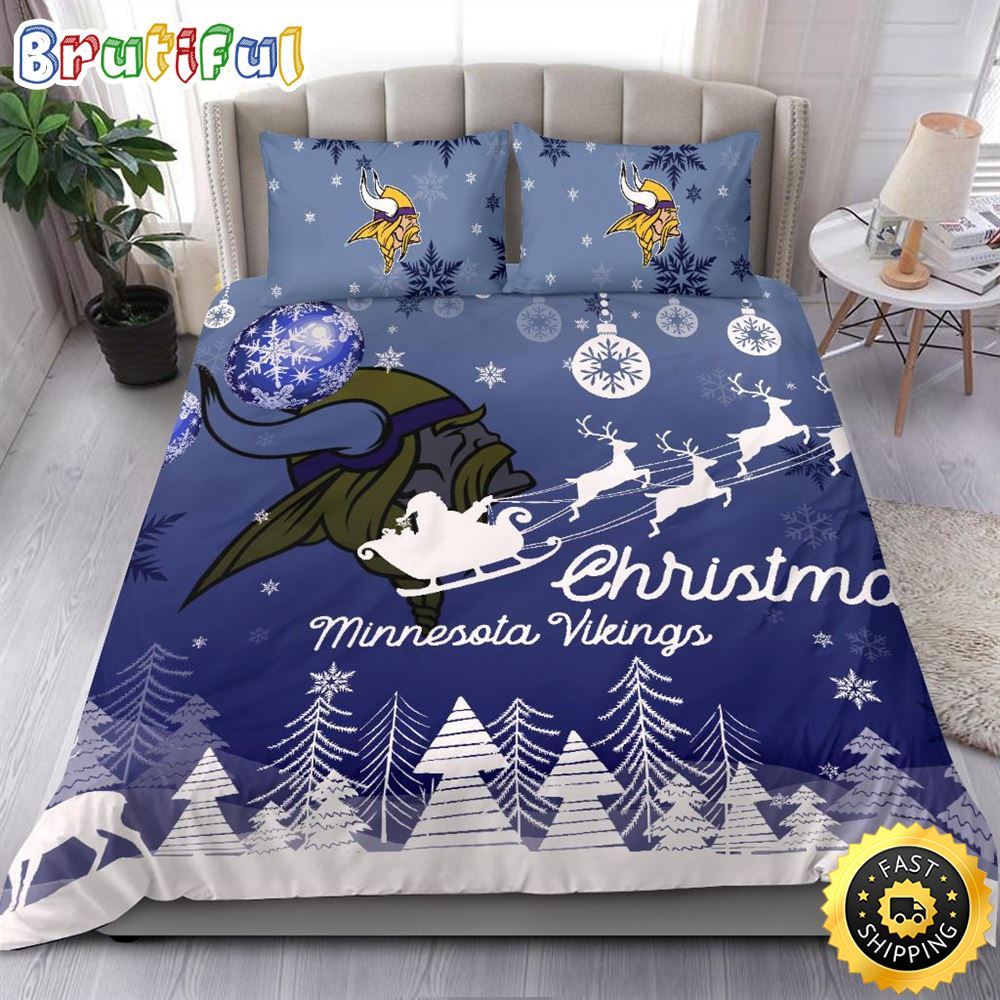 NFL Minnesota Vikings Bedding Sets Santa Claus Sleigh And Reindeer Christmas Bedding Sets Quilt Bedding Sets