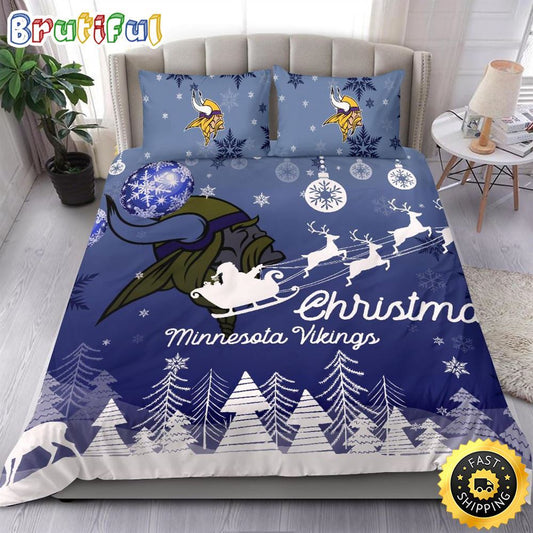 NFL Minnesota Vikings Bedding Sets Santa Claus Sleigh And Reindeer Christmas Bedding Sets Quilt Bedding Sets