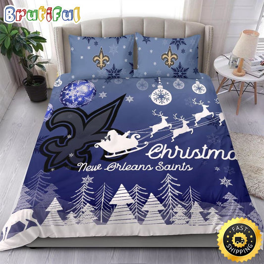 NFL New Orleans Saints Bedding Sets Santa Claus Sleigh And Reindeer Christmas Bedding Sets Quilt Bedding Sets
