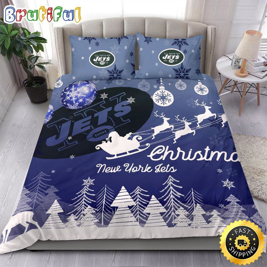 NFL New York Jets Bedding Sets Santa Claus Sleigh And Reindeer Christmas Bedding Sets Quilt Bedding Sets