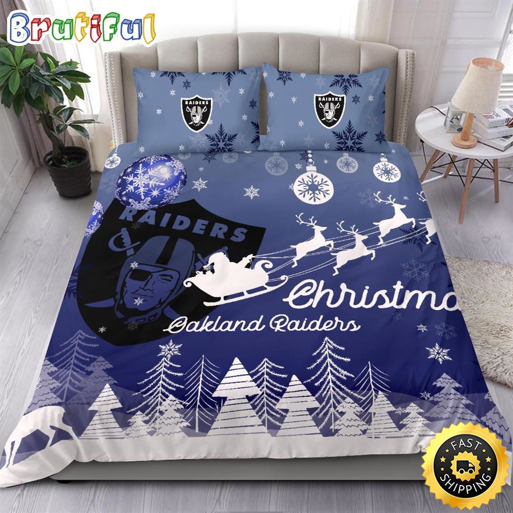 NFL Oakland Raiders Bedding Sets Santa Claus Sleigh And Reindeer Christmas Bedding Sets Quilt Bedding Sets
