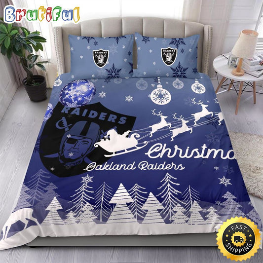 NFL Oakland Raiders Bedding Sets Santa Claus Sleigh And Reindeer Christmas Bedding Sets Quilt Bedding Sets