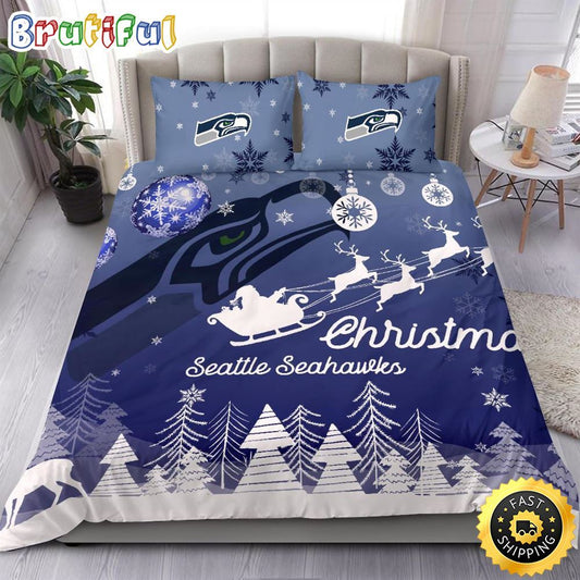 NFL Seattle Seahawks Bedding Sets Santa Claus Sleigh And Reindeer Christmas Bedding Sets Quilt Bedding Sets
