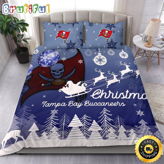 NFL Tampa Bay Buccaneers Bedding Sets Santa Claus Sleigh And Reindeer Christmas Bedding Sets Quilt Bedding Sets