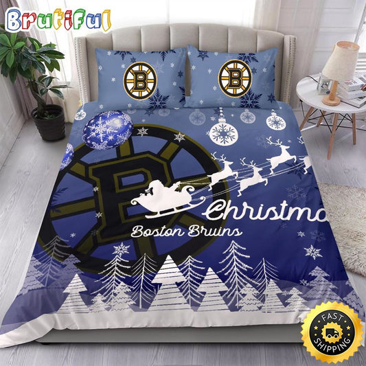 NHL Boston Bruins Bedding Sets Santa Claus Sleigh And Reindeer Christmas Bedding Sets Quilt Bedding Sets