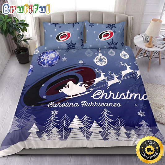 NHL Carolina Hurricanes Bedding Sets Santa Claus Sleigh And Reindeer Christmas Bedding Sets Quilt Bedding Sets
