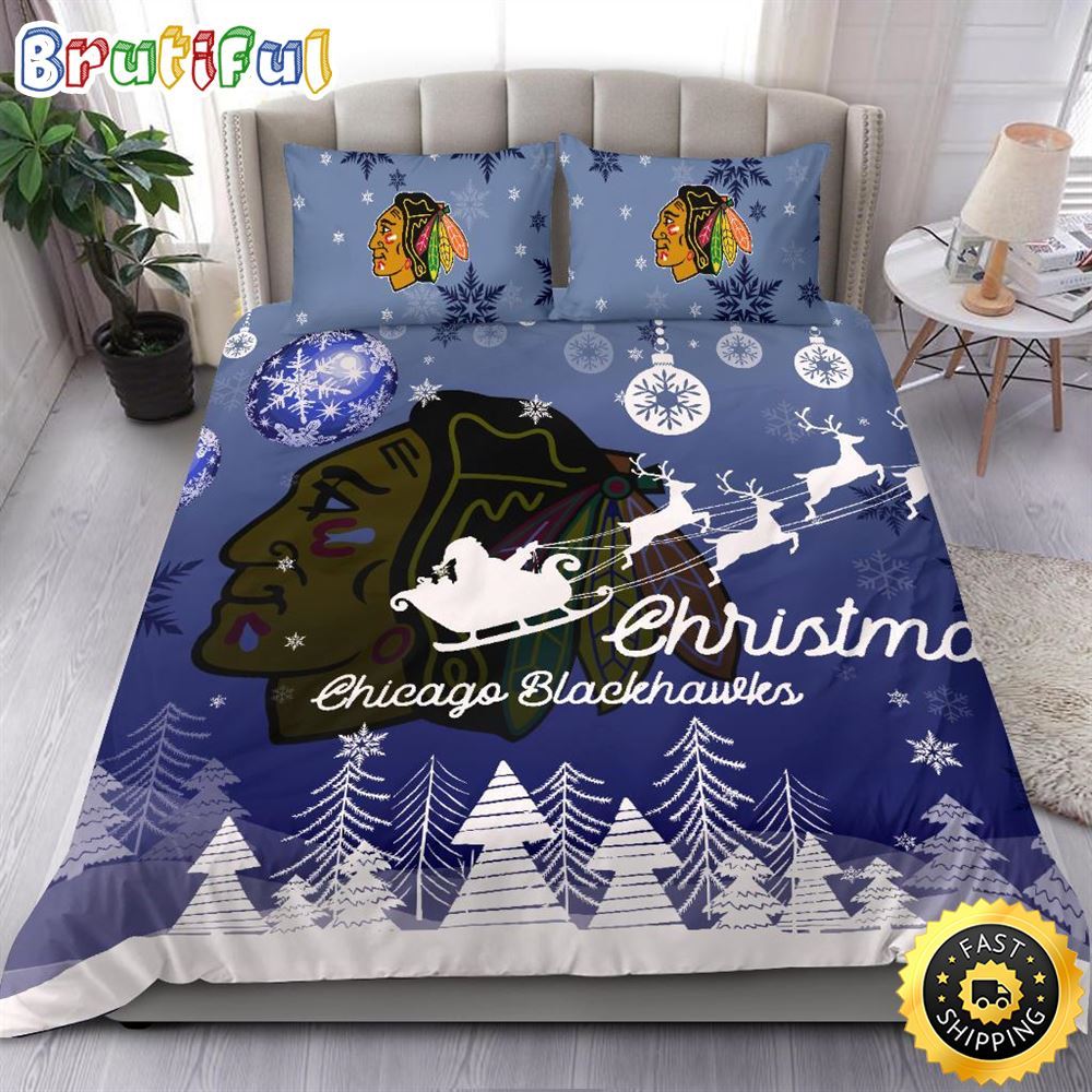 NHL Chicago Blackhawks Bedding Sets Santa Claus Sleigh And Reindeer Christmas Bedding Sets Quilt Bedding Sets
