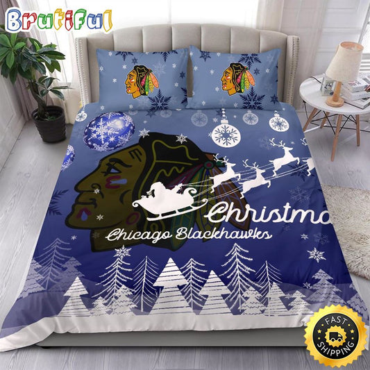 NHL Chicago Blackhawks Bedding Sets Santa Claus Sleigh And Reindeer Christmas Bedding Sets Quilt Bedding Sets