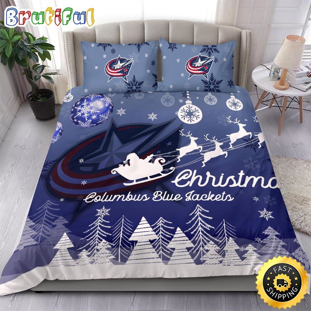 NHL Columbus Blue Jackets Bedding Sets Santa Claus Sleigh And Reindeer Christmas Bedding Sets Quilt Bedding Sets
