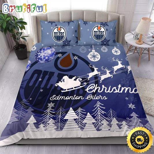 NHL Edmonton Oilers Bedding Sets Santa Claus Sleigh And Reindeer Christmas Bedding Sets Quilt Bedding Sets