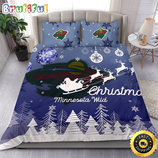 NHL Minnesota Wild Bedding Sets Santa Claus Sleigh And Reindeer Christmas Bedding Sets Quilt Bedding Sets