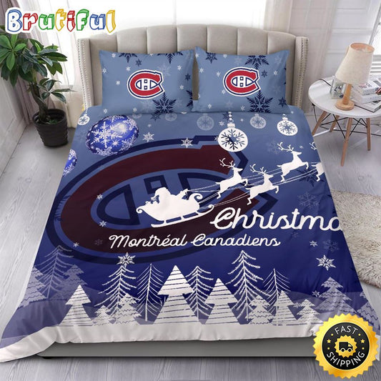 NHL Montreal Canadiens Bedding Sets Santa Claus Sleigh And Reindeer Christmas Bedding Sets Quilt Bedding Sets
