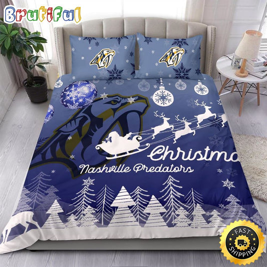 NHL Nashville Predators Bedding Sets Santa Claus Sleigh And Reindeer Christmas Bedding Sets Quilt Bedding Sets