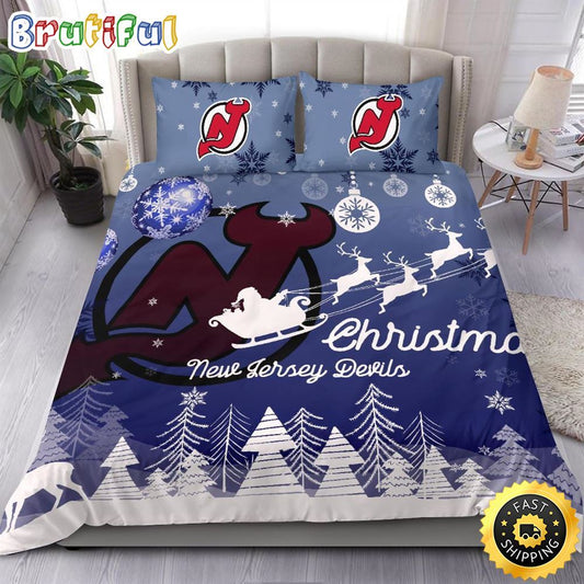 NHL New Jersey Devils Bedding Sets Santa Claus Sleigh And Reindeer Christmas Bedding Sets Quilt Bedding Sets