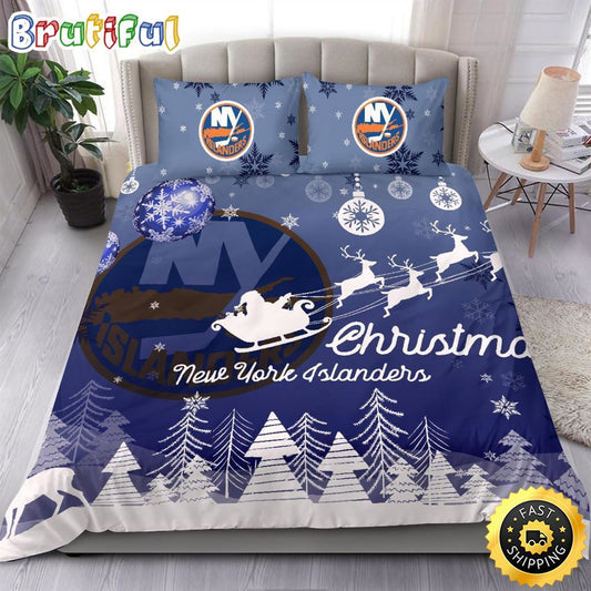 NHL New York Islanders Bedding Sets Santa Claus Sleigh And Reindeer Christmas Bedding Sets Quilt Bedding Sets