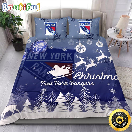 NHL New York Rangers Bedding Sets Santa Claus Sleigh And Reindeer Christmas Bedding Sets Quilt Bedding Sets