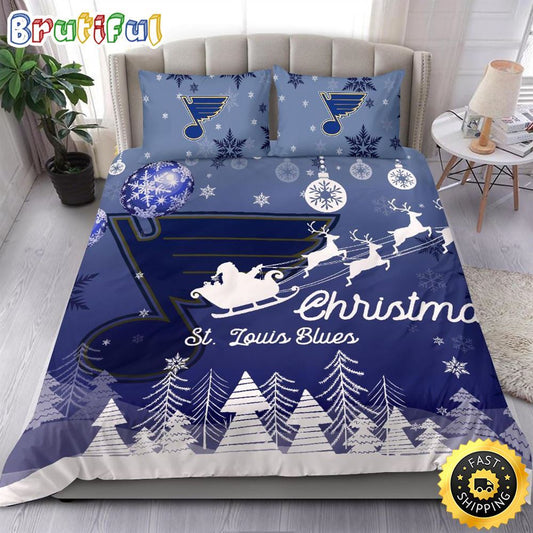 NHL St. Louis Blues Bedding Sets Santa Claus Sleigh And Reindeer Christmas Bedding Sets Quilt Bedding Sets