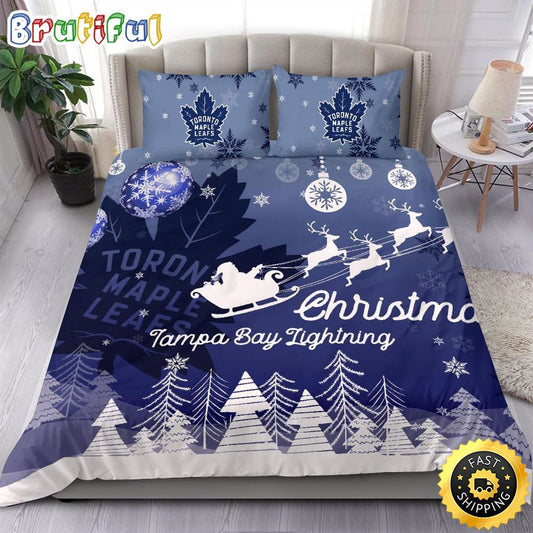 NHL Toronto Maple Leafs Bedding Sets Santa Claus Sleigh And Reindeer Christmas Bedding Sets Quilt Bedding Sets