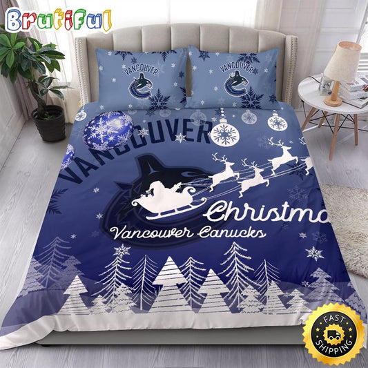NHL Vancouver Canucks Bedding Sets Santa Claus Sleigh And Reindeer Christmas Bedding Sets Quilt Bedding Sets