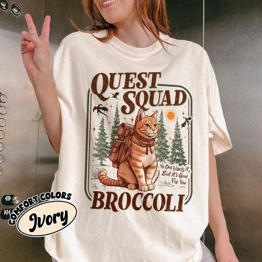 Onyx Storm Quest Squad Broccoli Comfort Colors Shirt, Fourth Wing Shirt, Broccoli Cat TShirt, Ridoc Romantasy Fan Shirt, Dragon Rider Tee Womenswear