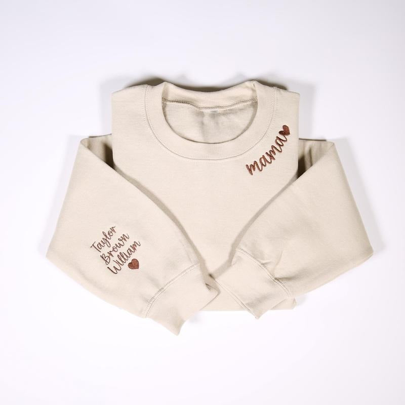 Personalized Mama Embroidered Sweatshirt With Kids Names On Sleeve, Personalized Mom Embroidery Crewneck, Birthday Mommy Outfits, Pregnancy Gifts Shirt