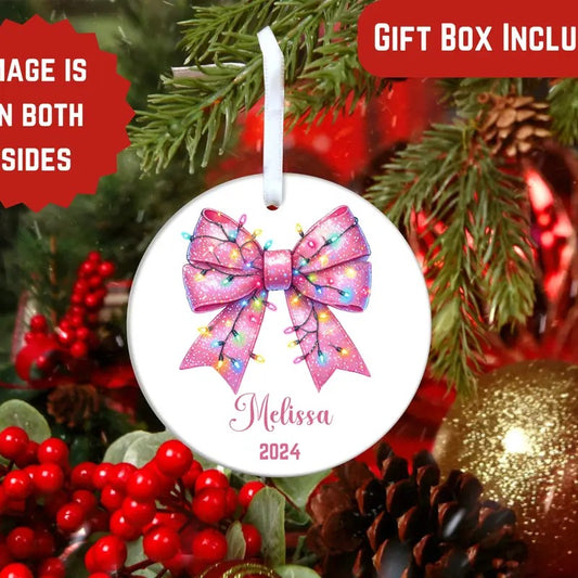 Personalized Pink Coquette bow with Christmas Lights, Christmas Tree Coquette Bow Ornament, Ornament Gift for Her, Ceramic Ornament with bow