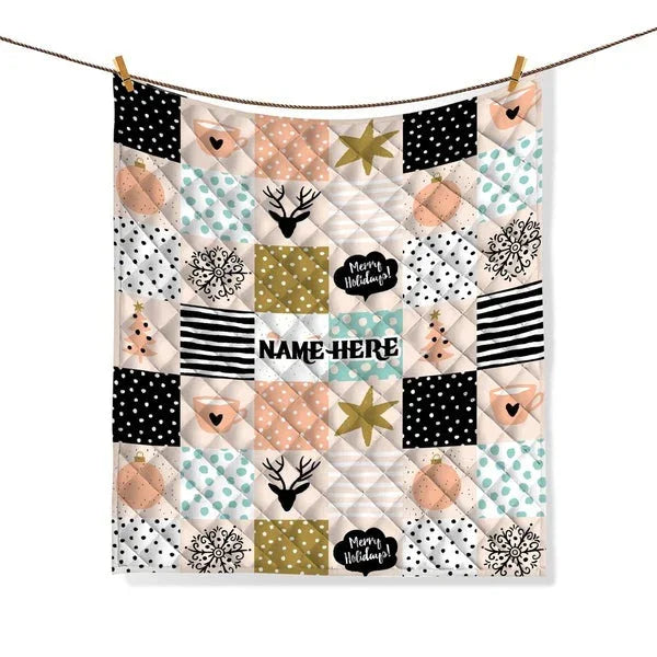 Personalized Christmas Reindeer Holiday Pattern 3-Piece Quilt Bedding Set With Pillowcases