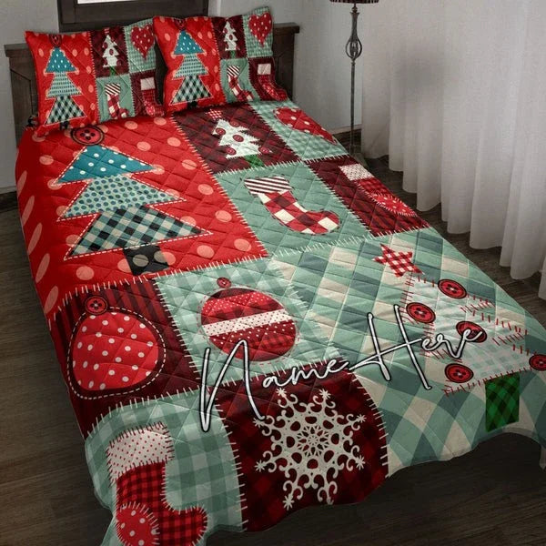 Personalized Christmas Patchwork Christmas Winter Holiday 3-Piece Quilt Bedding Set With Pillowcases