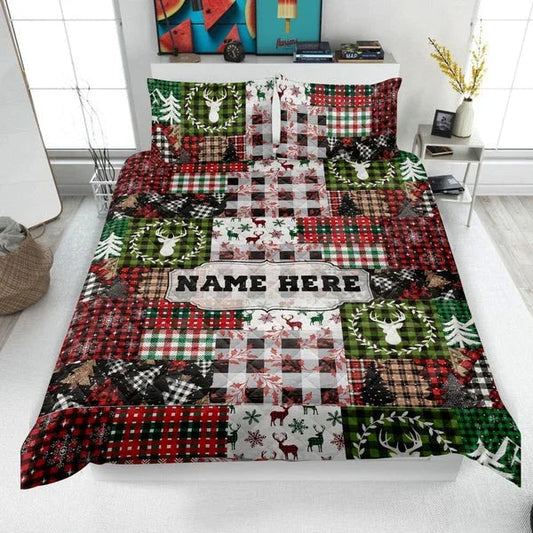 Personalized Christmas Holiday Patchwork Pattern 3-Piece Quilt Bedding Set With Pillowcases
