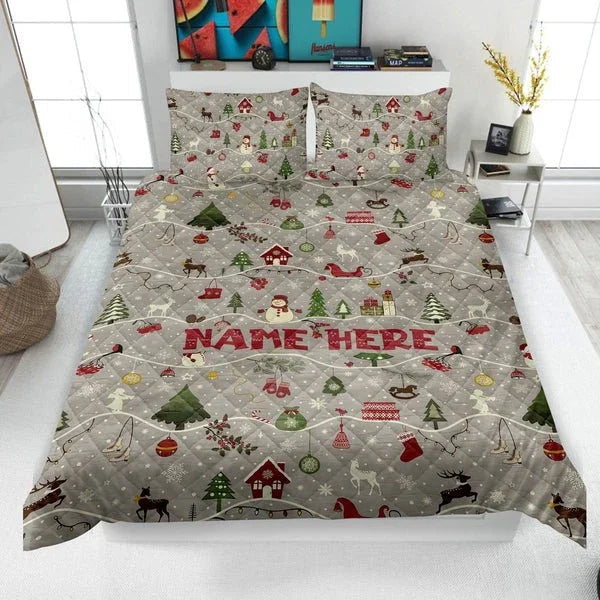 Personalized Christmas Holiday 3-Piece Quilt Bedding Set With Pillowcases