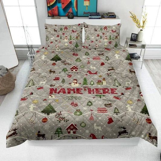 Personalized Christmas Holiday 3-Piece Quilt Bedding Set With Pillowcases