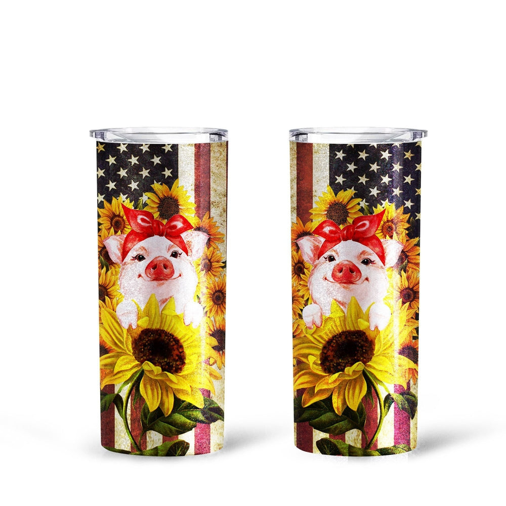 Pig Sunflower Tall Glitter Tumbler Custom American Flag