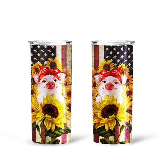 Pig Sunflower Tall Glitter Tumbler Custom American Flag