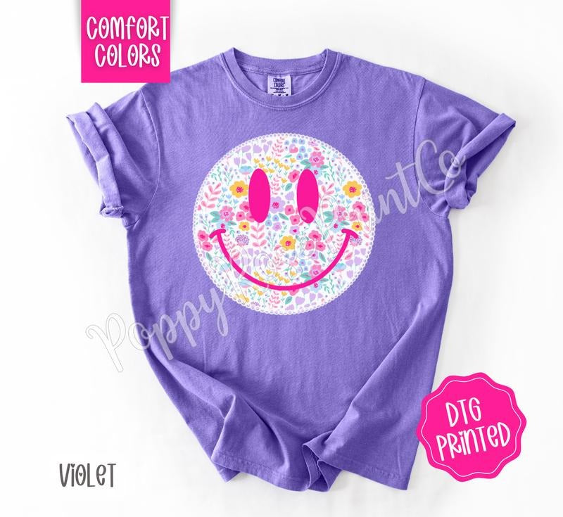 Pink Floral Smiley Shirt Comfort Colors, Cute Summer Tshirt, Women's Happy Face Tee, Gift for Her