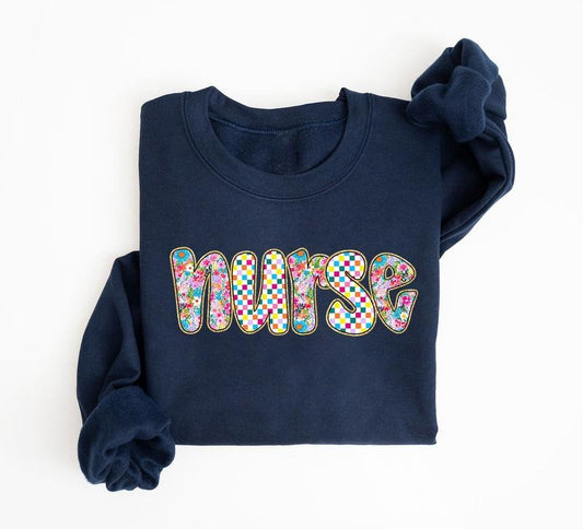 Preppy Nurse Floral Sweatshirt, Bundle, Boho Floral Nurse Shirt, Preppy Nurse ER RN NICU Floral Shirts, Nursing Checkered Design Sweater