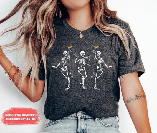 Pride Shirt - Women's Solid T-Shirt with Skeleton Graphic, Cotton Blend, Comfortable Fit, Ideal for LGBTQ+ Support and Pride Events