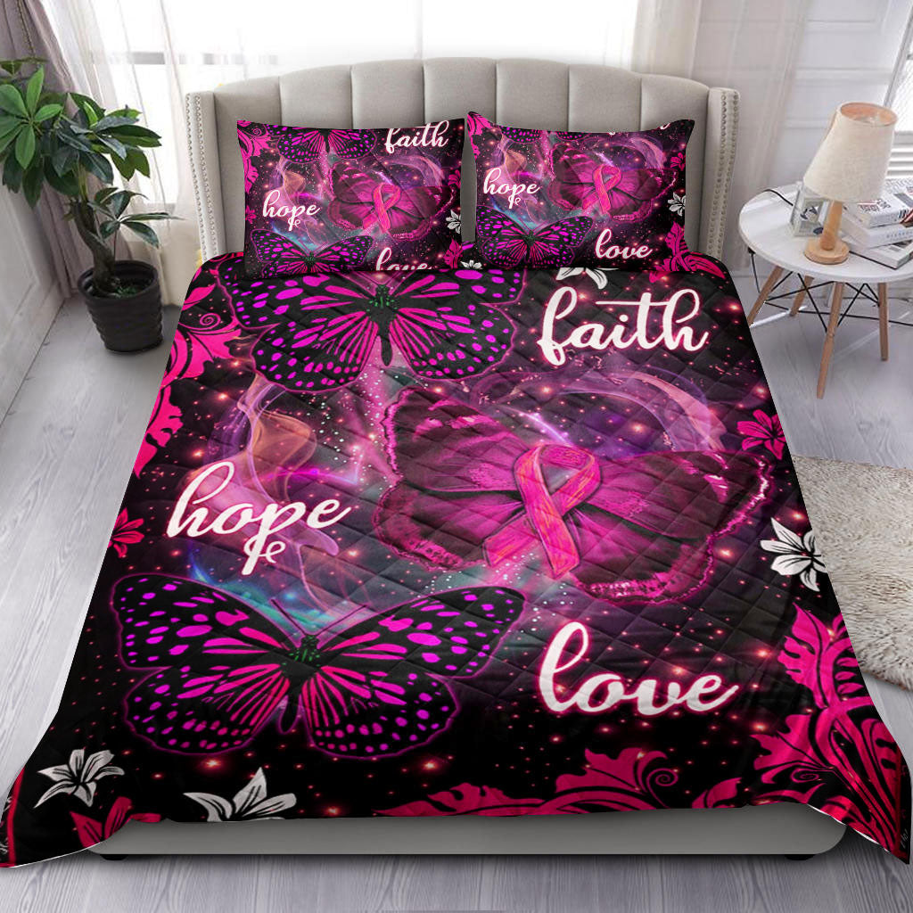 Breast Cancer Quilt Set, Breast Cancer Awareness Faith Hope Love Butterfly Pink Flower Bc Quilt Blanket With Pillowcases, Quilt Bedding Set