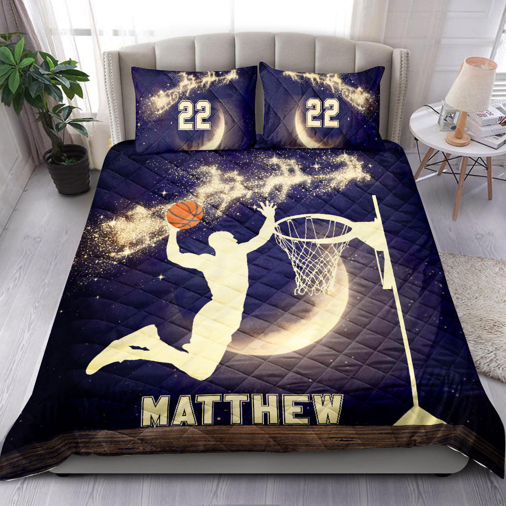 Personalized Basketball Quilt Set, Basketball Moonmas Xmas Quilt Blanket With Pillowcases, Custom Name and Number Quilt Bedding Set, Christmas Gift