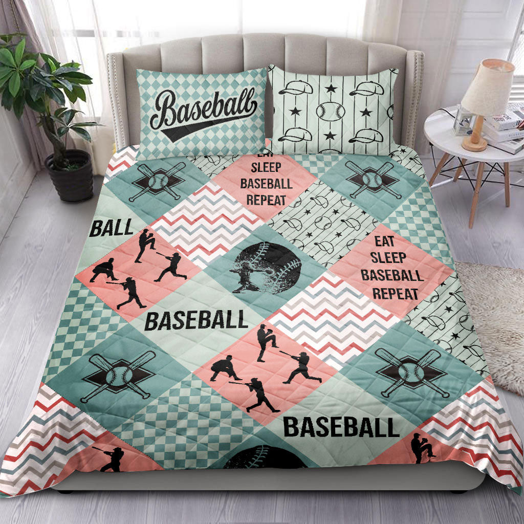Baseball Quilt Set, Baseball Caro Patchwork Blue Green Player Pose Batter Quilt Blanket With Pillowcases, Quilt Bedding Set, Sports Gifts