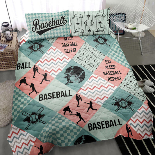 Baseball Quilt Set, Baseball Caro Patchwork Blue Green Player Pose Batter Quilt Blanket With Pillowcases, Quilt Bedding Set, Sports Gifts