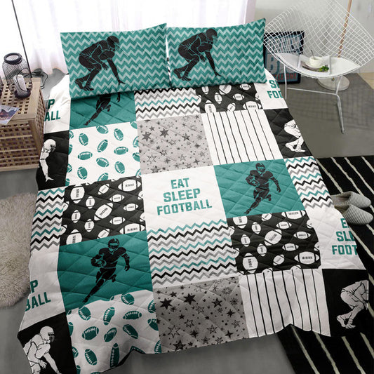 Football Quilt Set, America Football Boy Eat Sleep Football Patchwork Green Quilt Blanket With Pillowcases, Quilt Bedding Set
