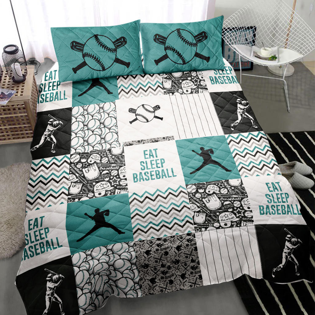 Baseball Quilt Set, America Baseball Boy Eat Sleep Baseball Patchwork Green Quilt Blanket With Pillowcases, Quilt Bedding Set, Sports Gifts